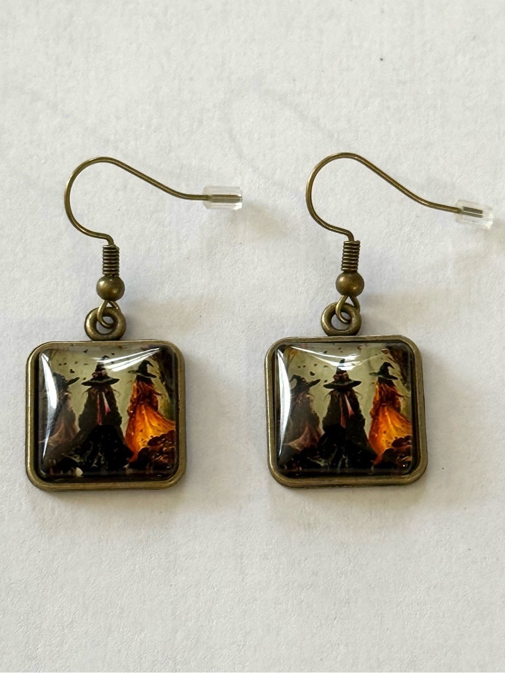 Bronze Tone Witch Scene Square Dangle Earrings Halloween Black Orange New